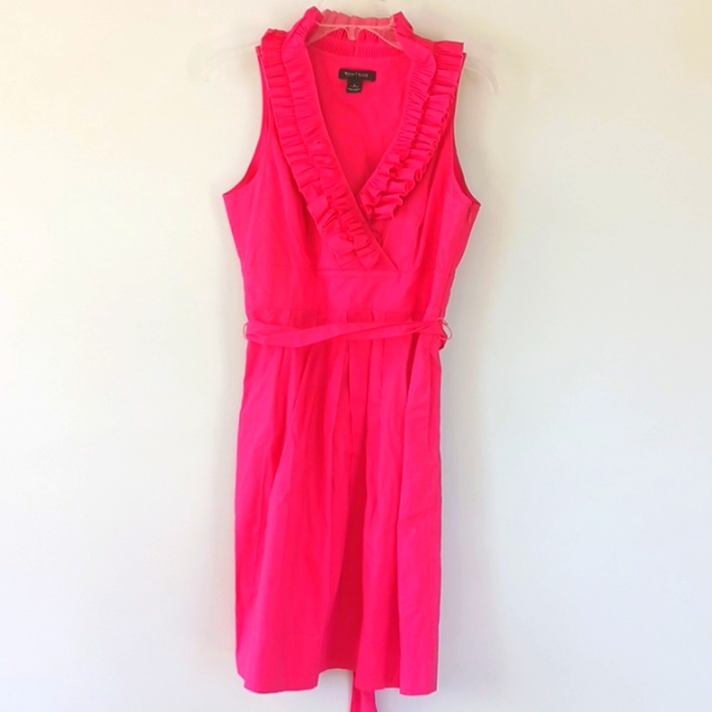 white house black market hot pink ruffles v neck sleeve less dress